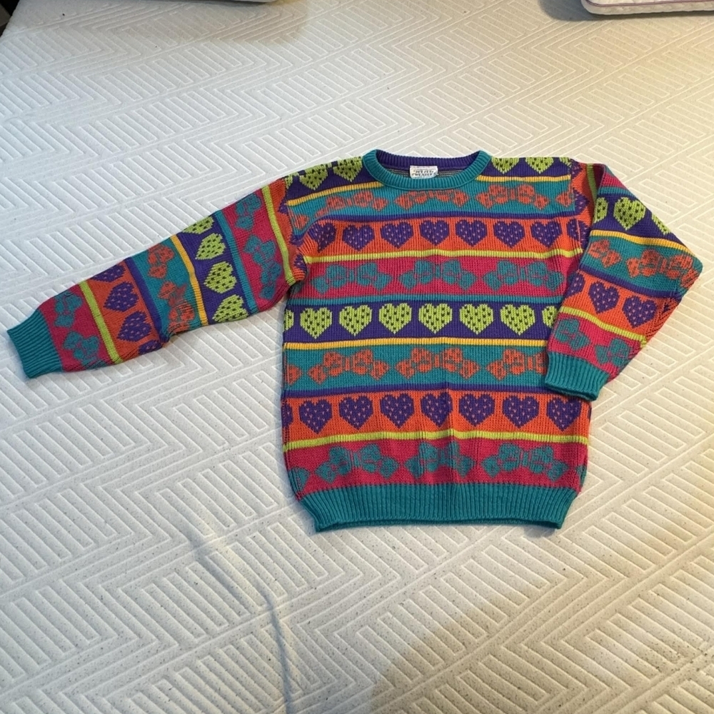 Vintage 1990s Jet Set Girls Sweater Size XL USA Made Fairisle Hearts Bows EUC